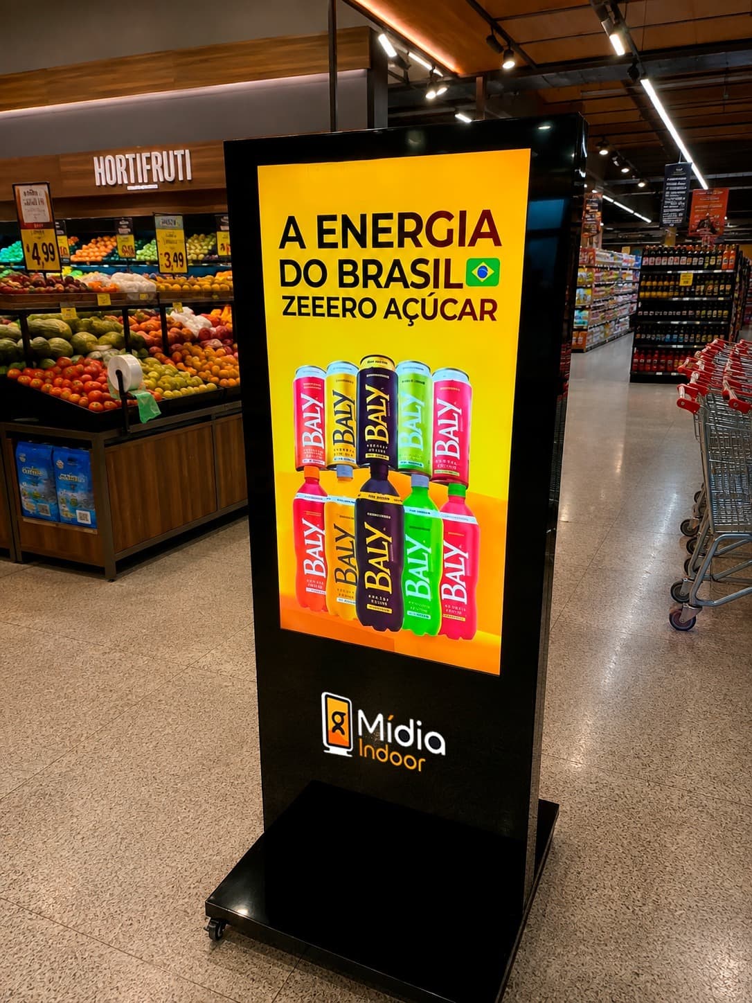 Totem Gota Mídia Indoor instalado em supermercado